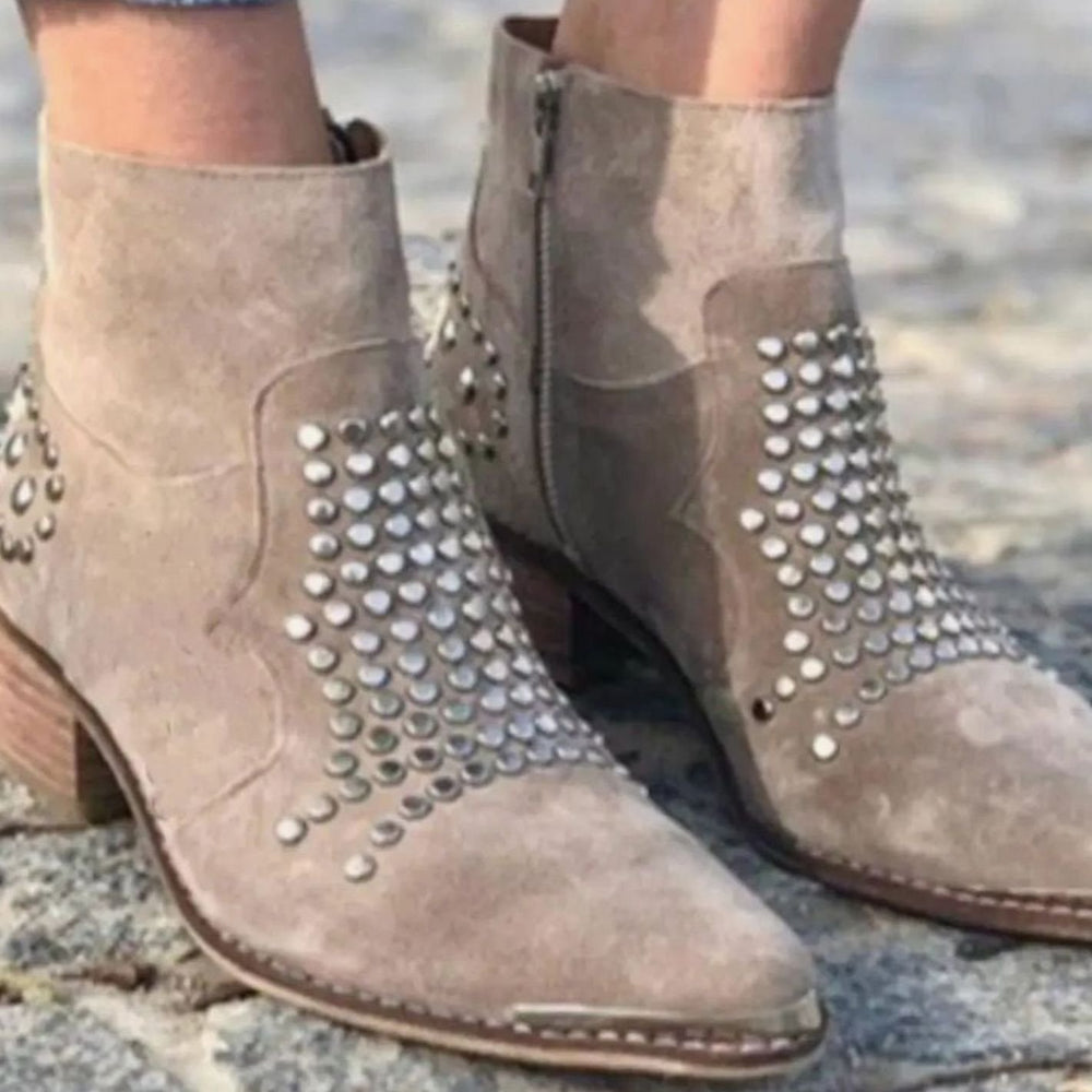 Women's Suede Studded Pointed-Toe Block-Heel Ankle Boots