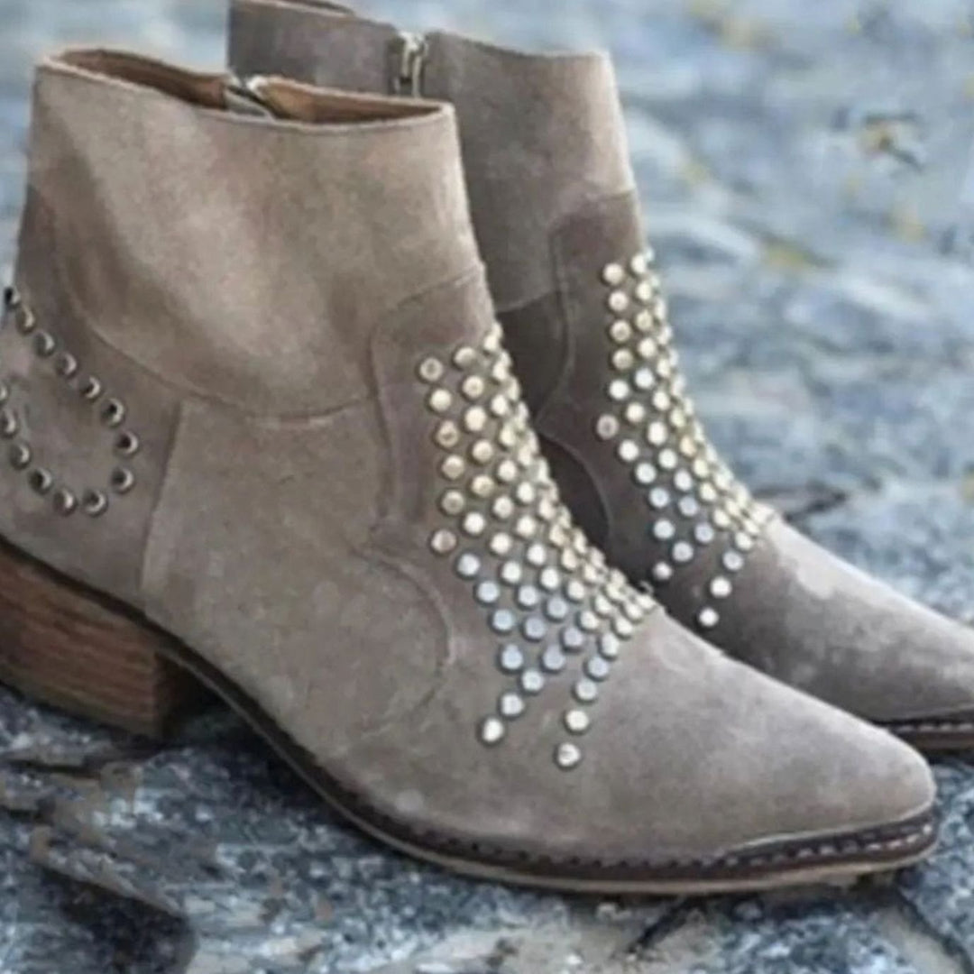 Women's Suede Studded Pointed-Toe Block-Heel Ankle Boots