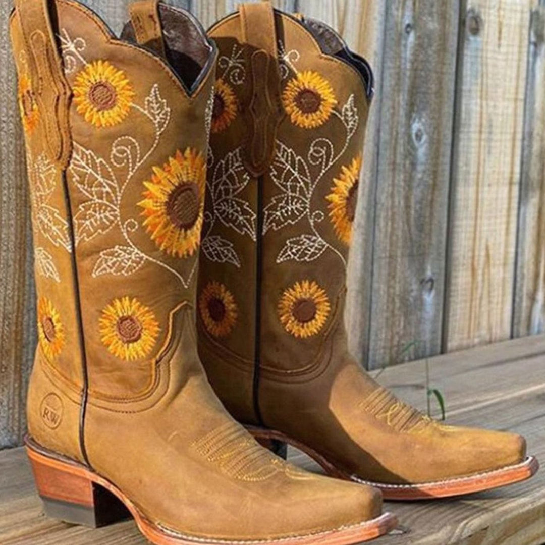Women's Sunflower-Embroidered Knee-High Western Cowboy Boots - Khaki