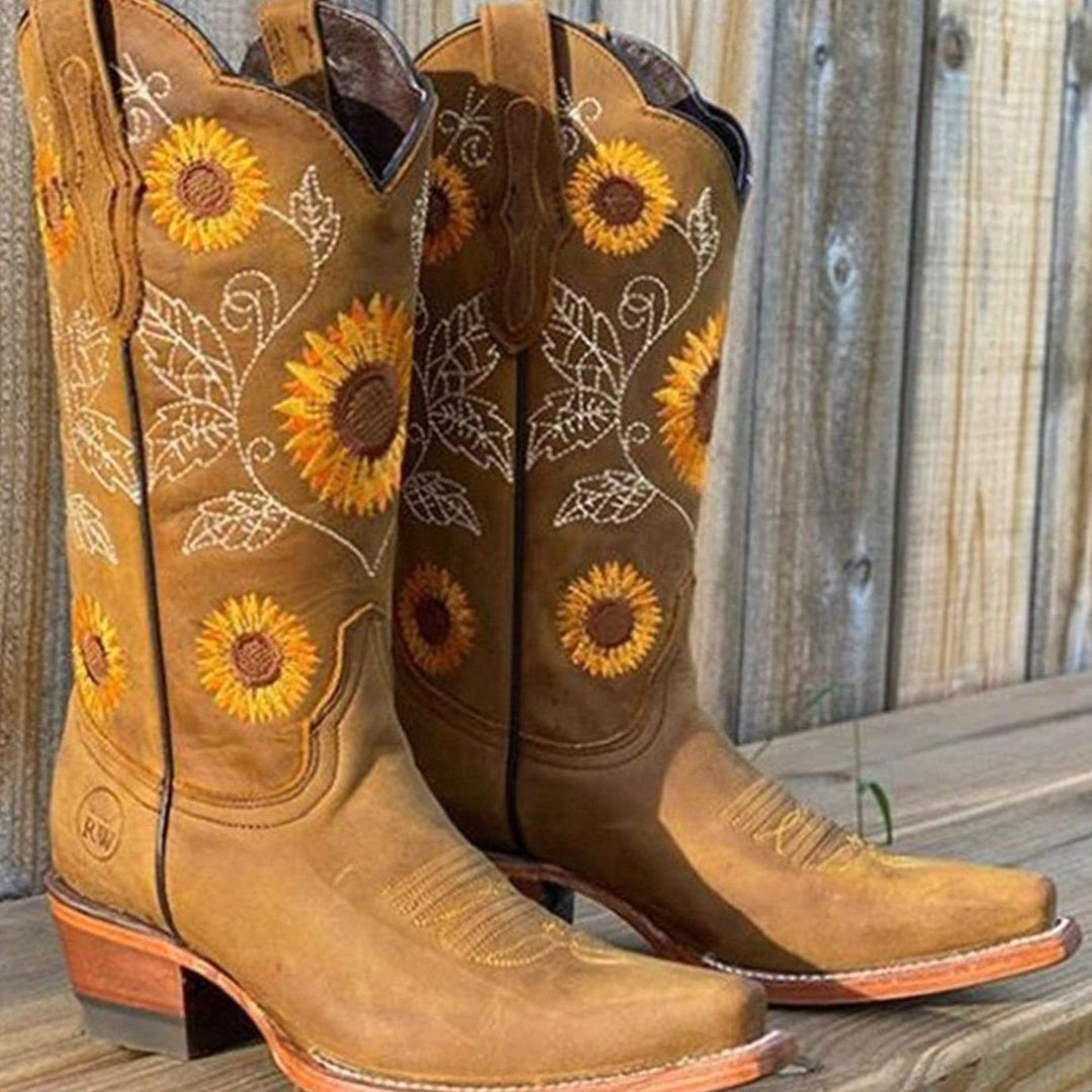 Women's Sunflower-Embroidered Knee-High Western Cowboy Boots