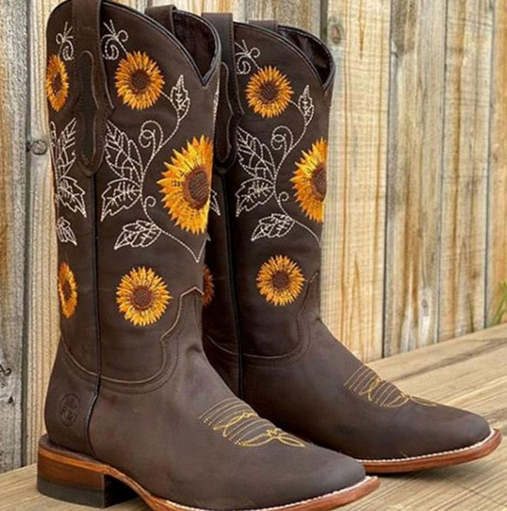 Women's Sunflower-Embroidered Knee-High Western Cowboy Boots - Dark Brown