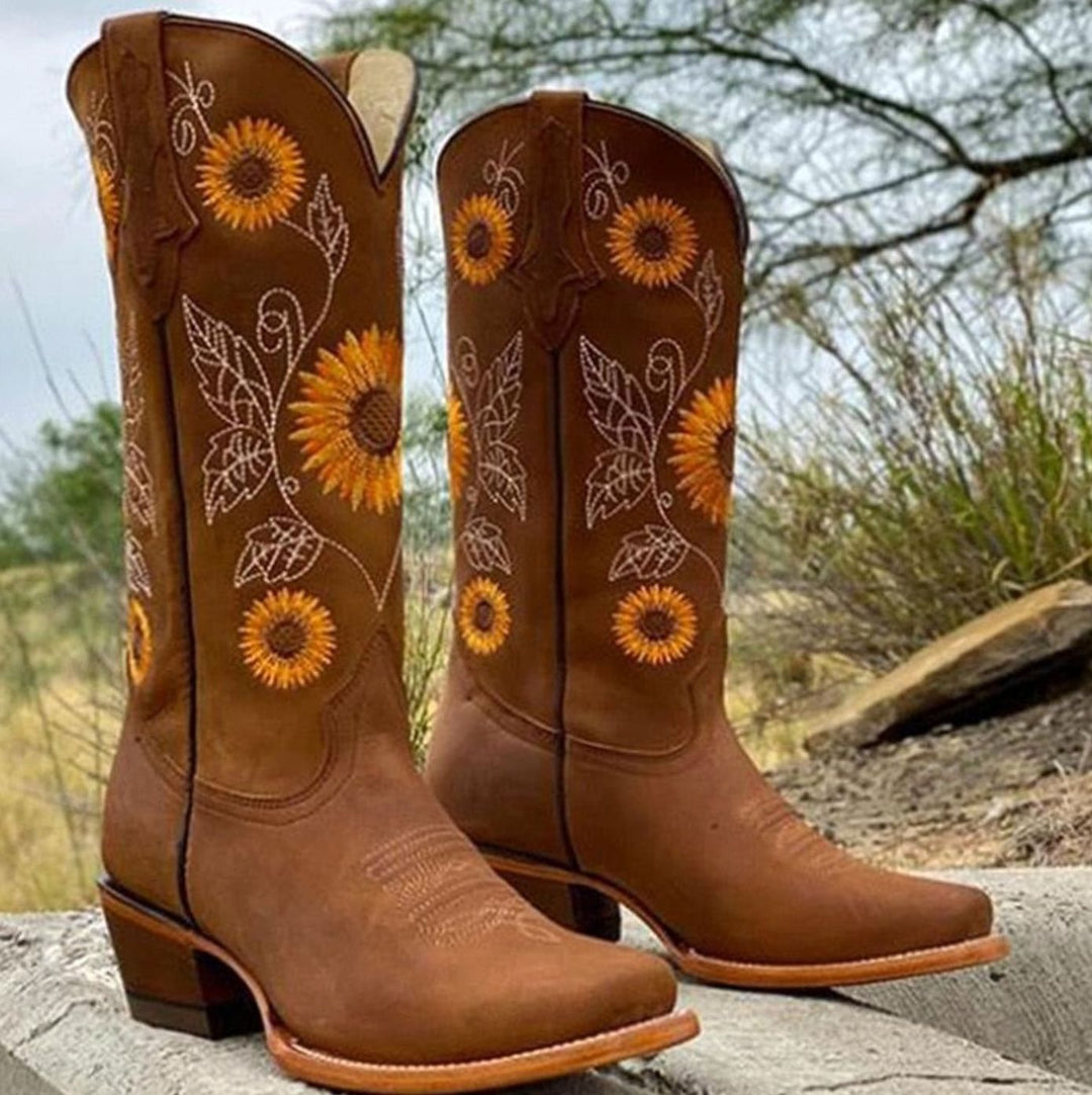 Women's Sunflower-Embroidered Knee-High Western Cowboy Boots - Brown