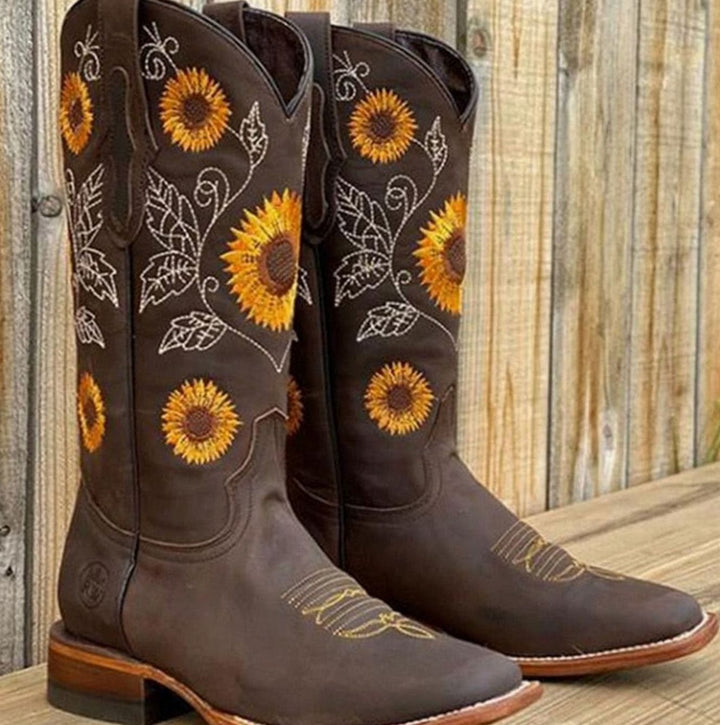 Women's Sunflower-Embroidered Knee-High Western Cowboy Boots