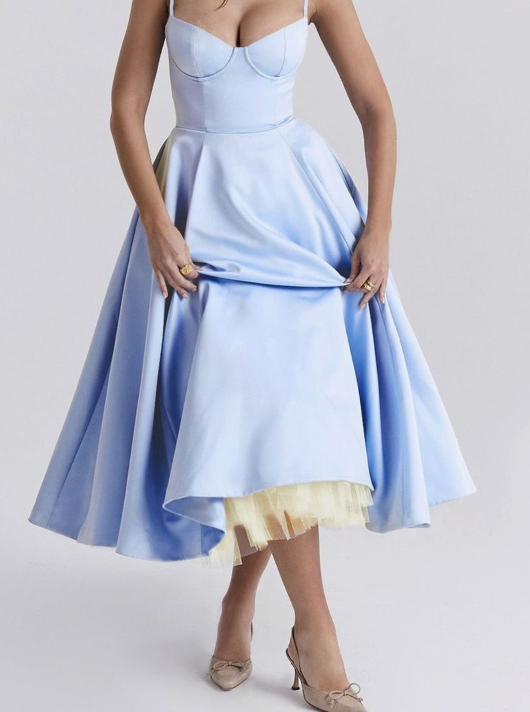 Women's Sweetheart Corset Midi Flared Dress Tulle Hem