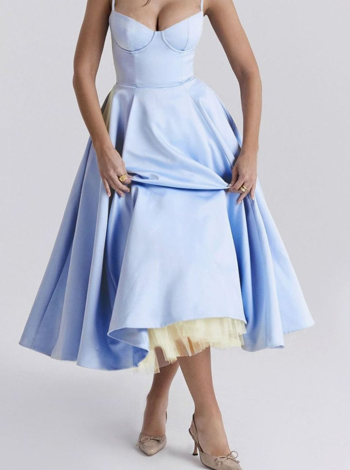Women's Sweetheart Corset Midi Flared Party Dress Tulle Trim