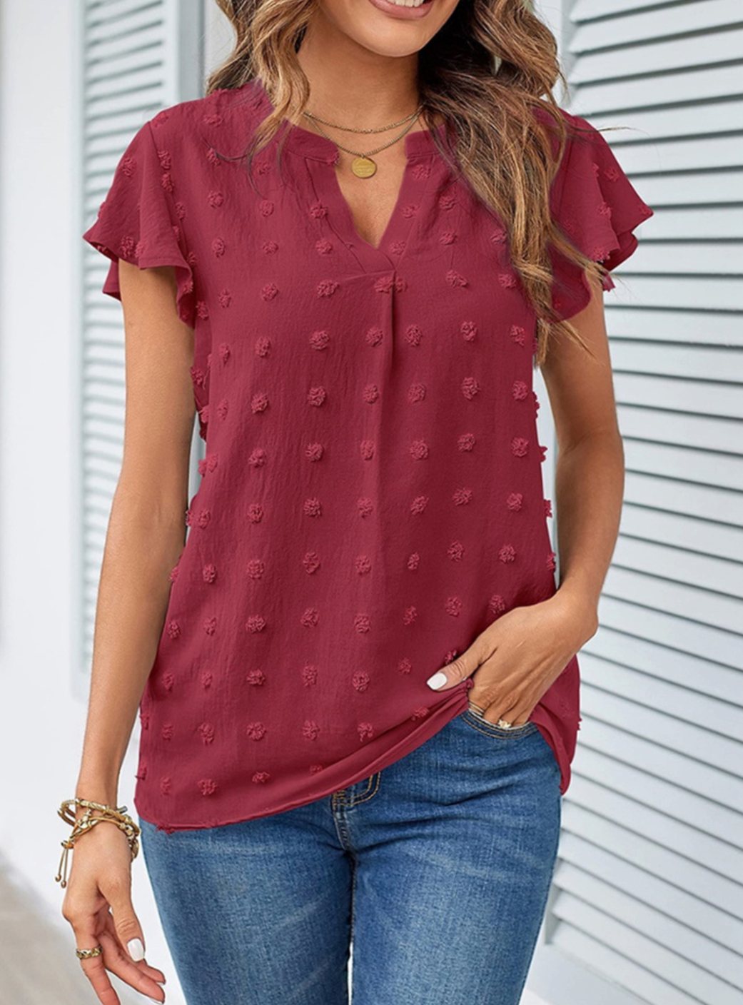 Women's Swiss Dot Flutter Sleeve Notch Neck Blouse - Burgundy