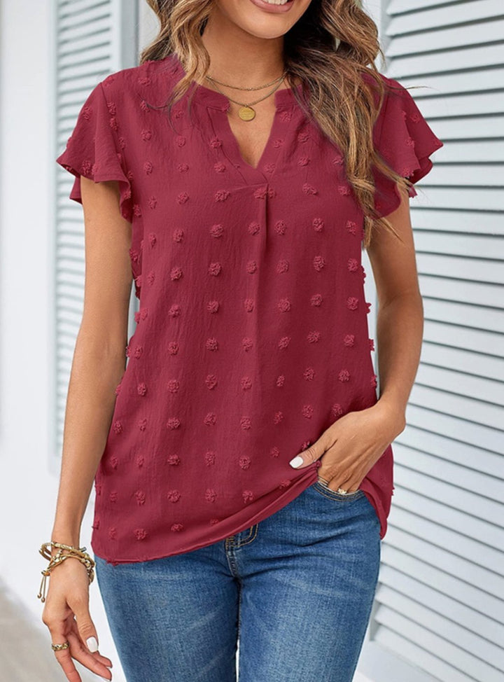 Women's Swiss Dot Flutter Sleeve Notch Neck Blouse - Burgundy