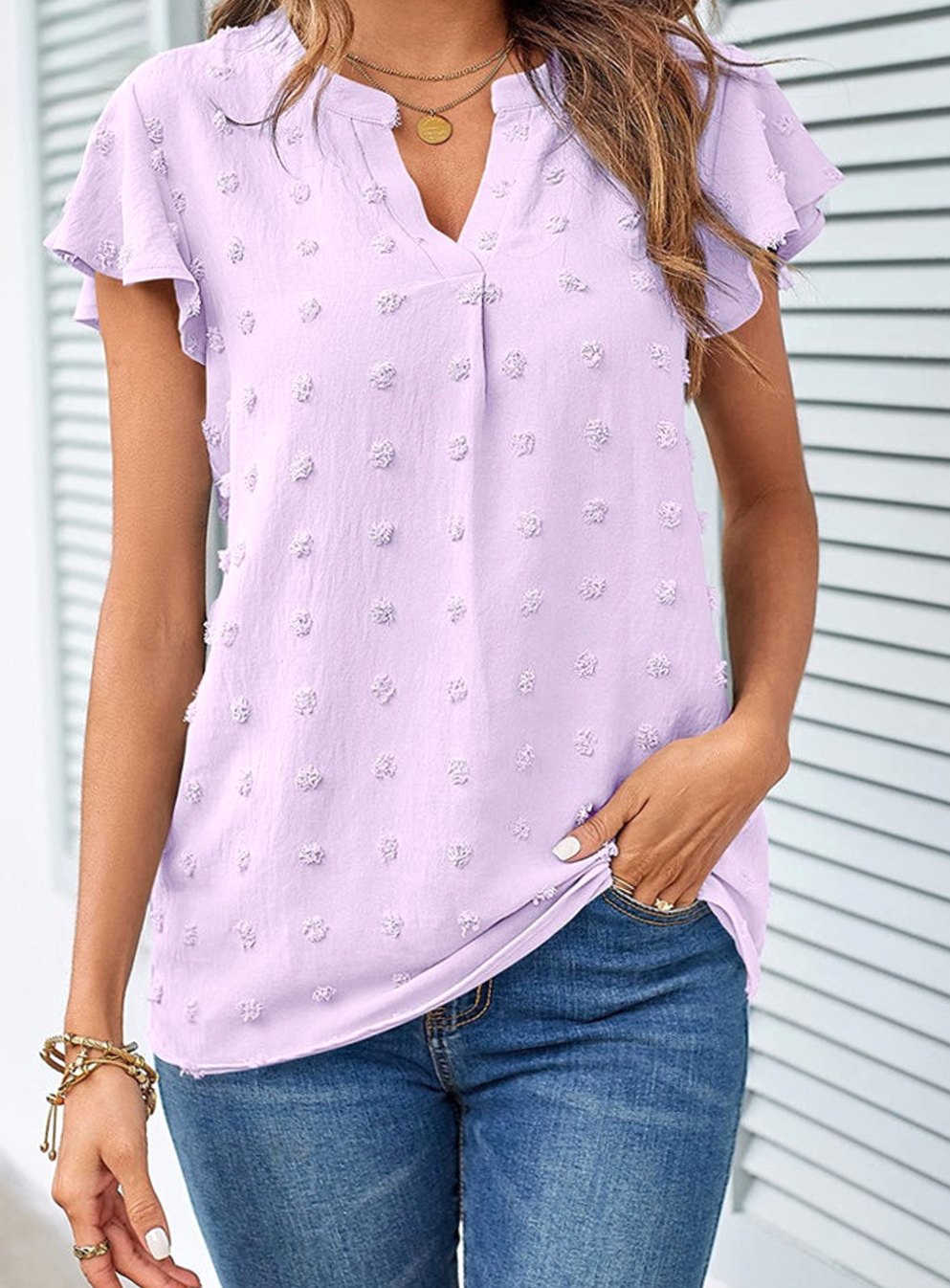 Women's Swiss Dot Flutter Sleeve Notch Neck Blouse - Light Purple