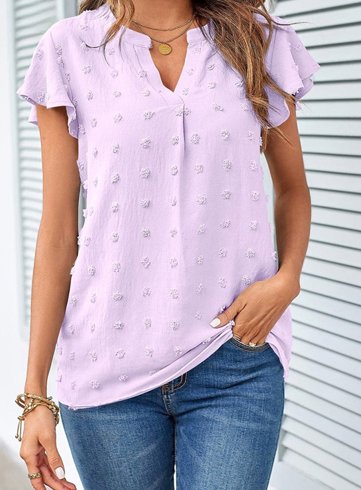 Women's Swiss Dot Flutter Sleeve Notch Neck Blouse - Light Purple