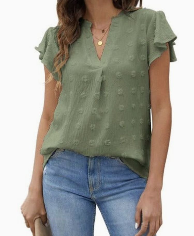 Women's Swiss Dot Flutter Sleeve Notch Neck Blouse - Khaki Green