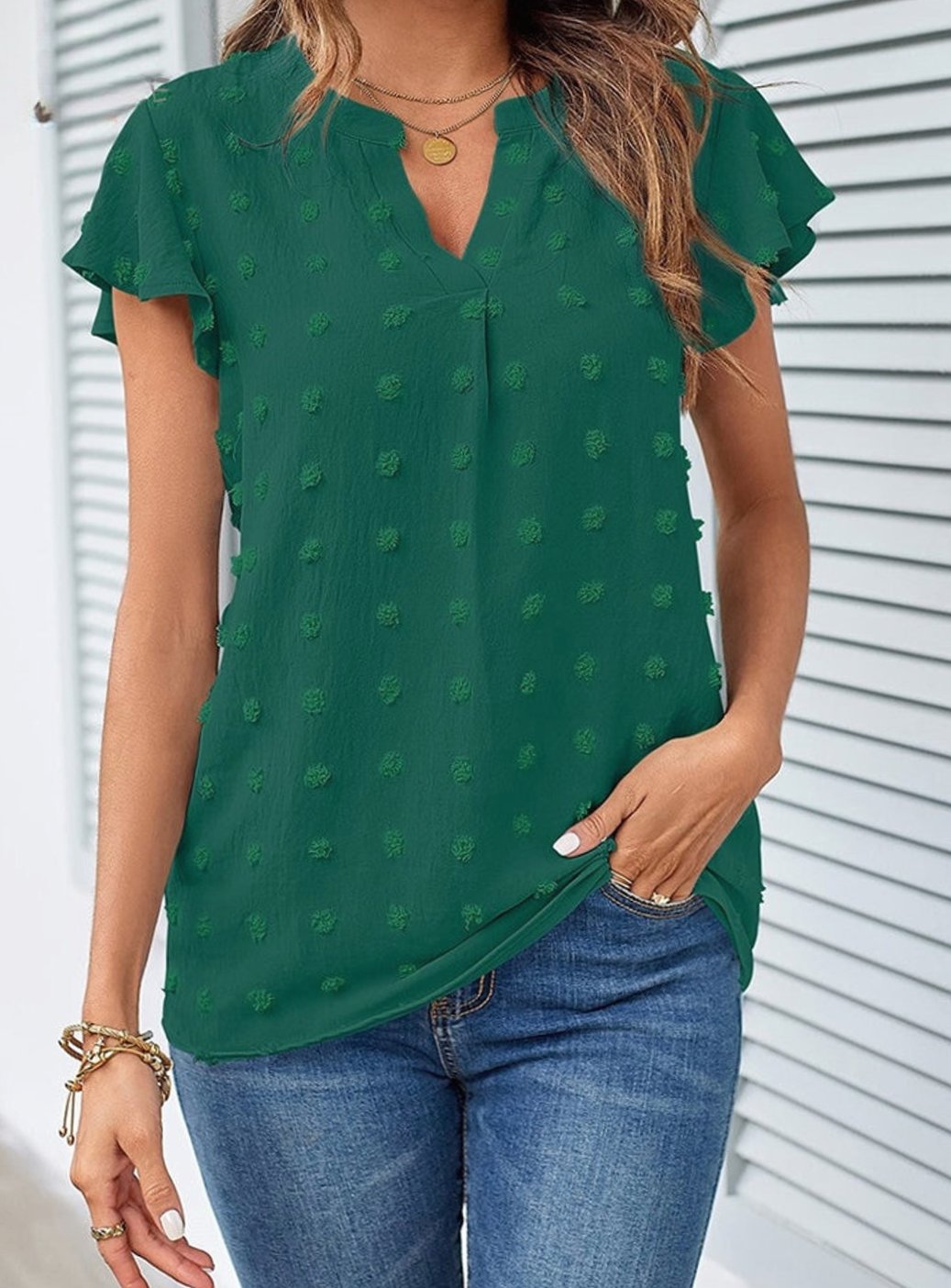 Women's Swiss Dot Flutter Sleeve Notch Neck Blouse