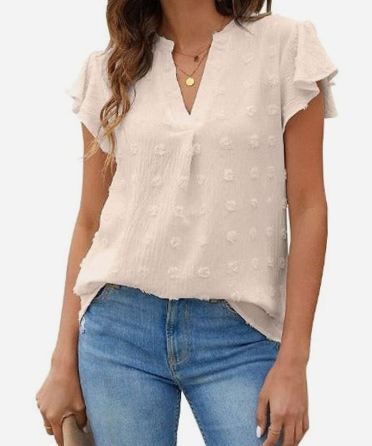 Women's Swiss Dot Flutter Sleeve Notch Neck Blouse - Apricot