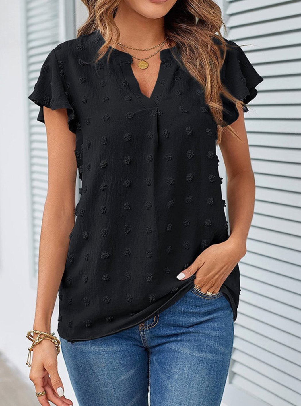 Women's Swiss Dot Flutter Sleeve Notch Neck Blouse - Black