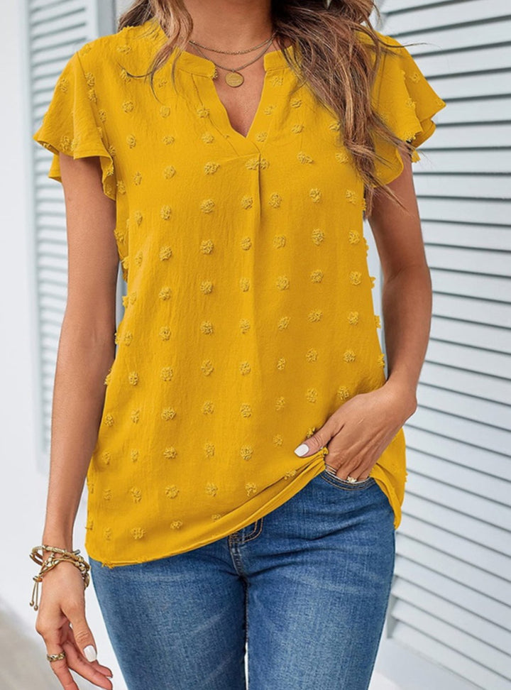 Women's Swiss Dot Flutter Sleeve Notch Neck Blouse - Yellow