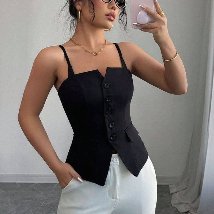 Women's Tailored Button-Front Sleeveless Waistcoat Cami Top, Black