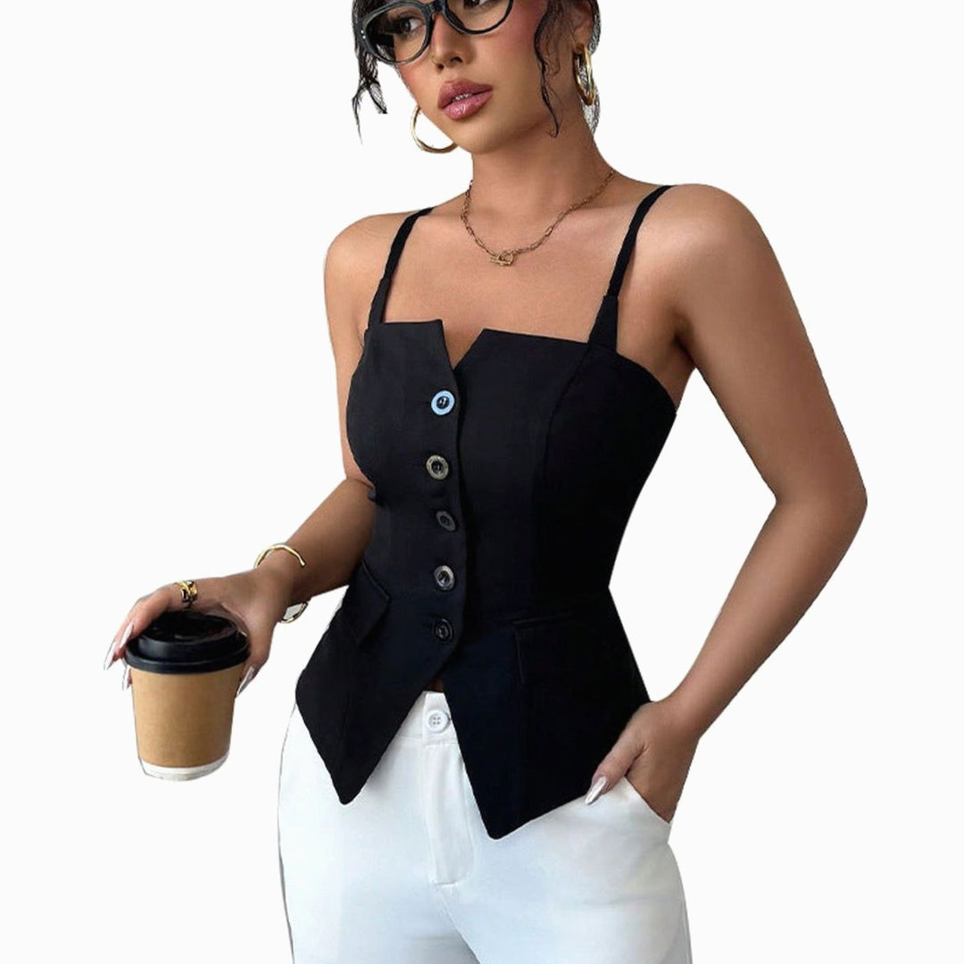 Women's Tailored Button-Front Sleeveless Waistcoat Cami Top, Black