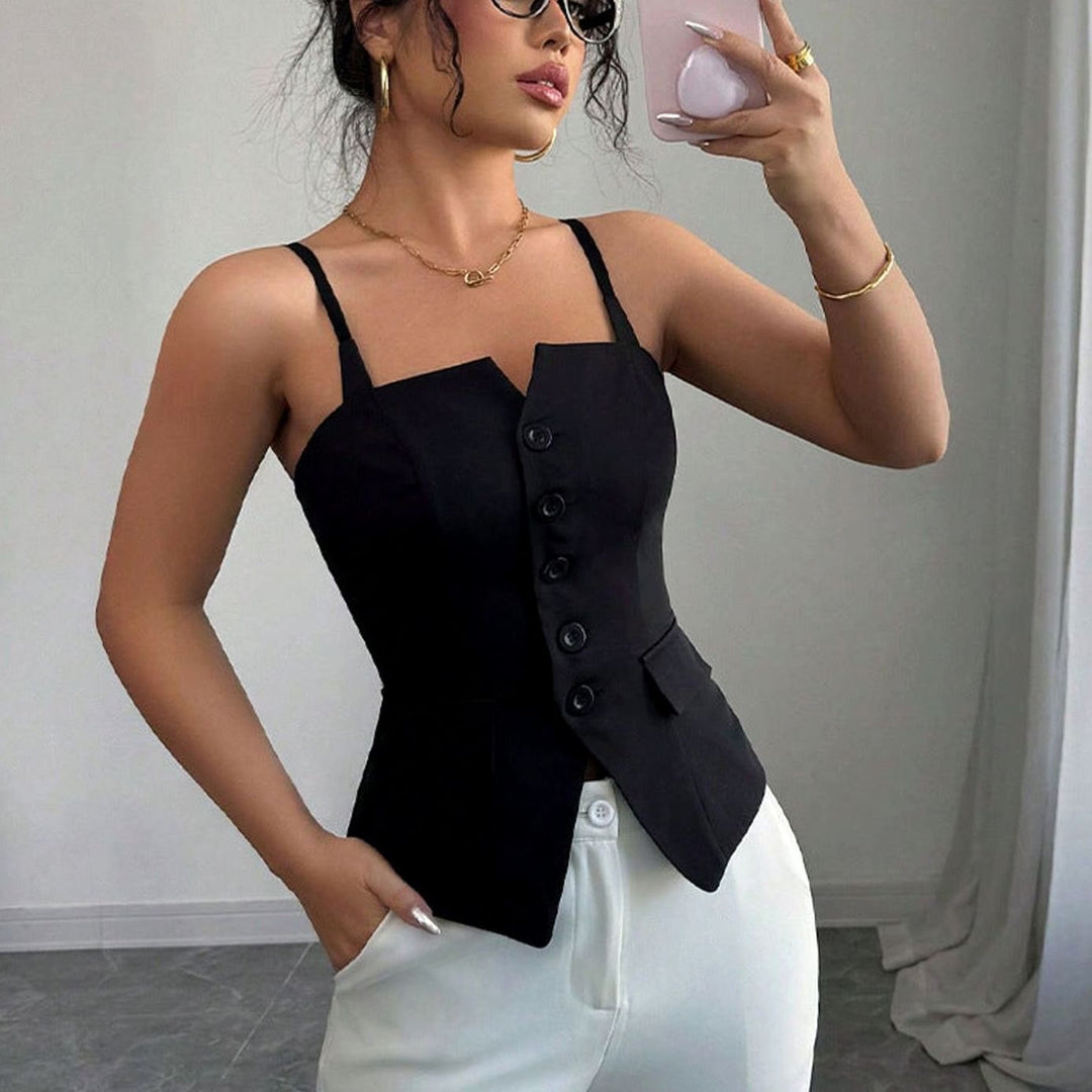 Women's Tailored Button-Front Sleeveless Waistcoat Cami Top, Black - Black