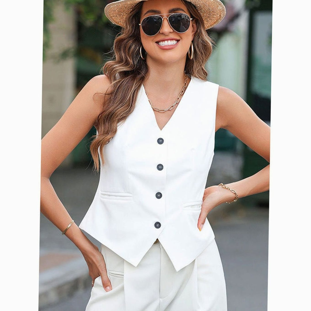 Women's Tailored Sleeveless Button-Front Waistcoat Vest Top
