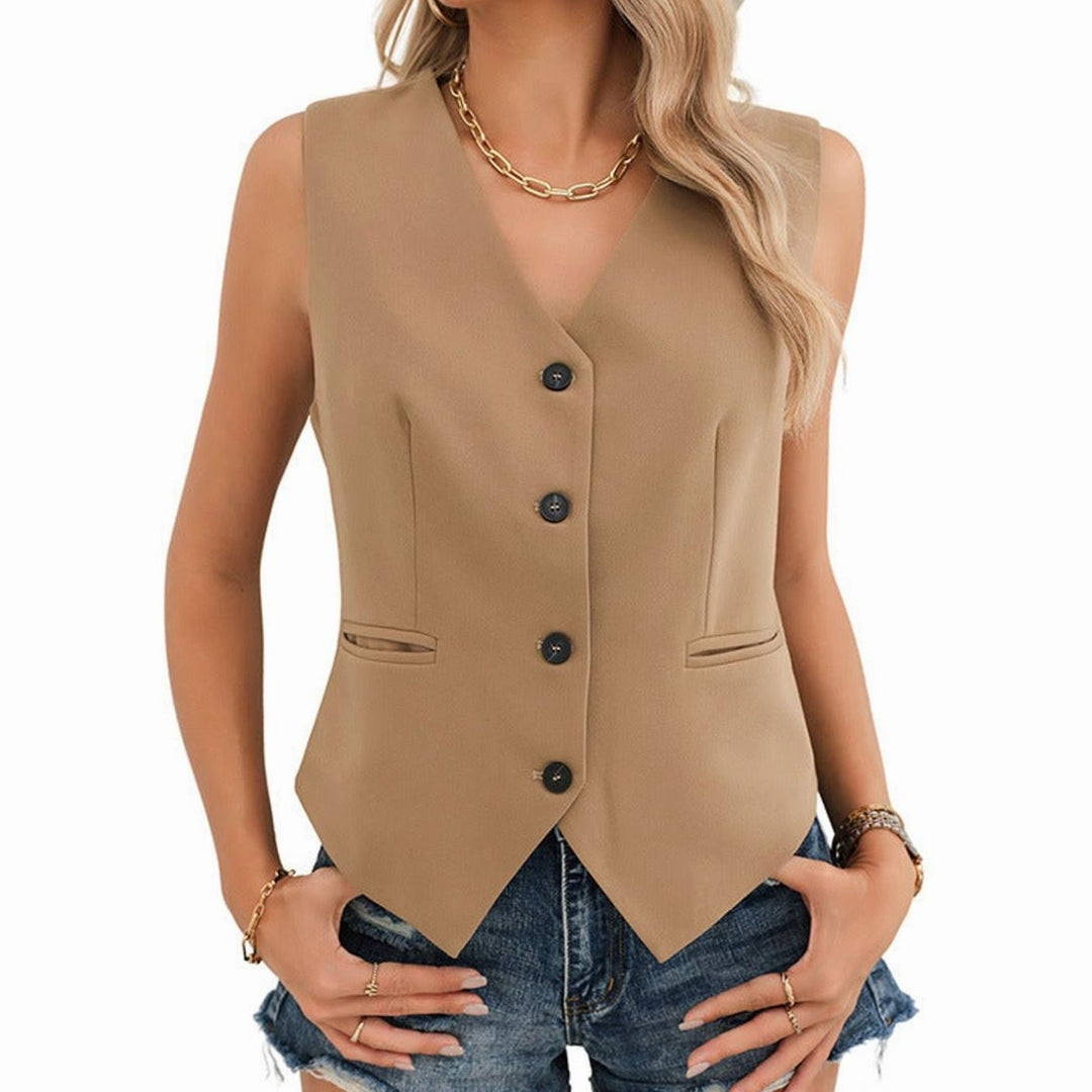 Women's Tailored Sleeveless Button-Front Waistcoat Vest Top - Brown