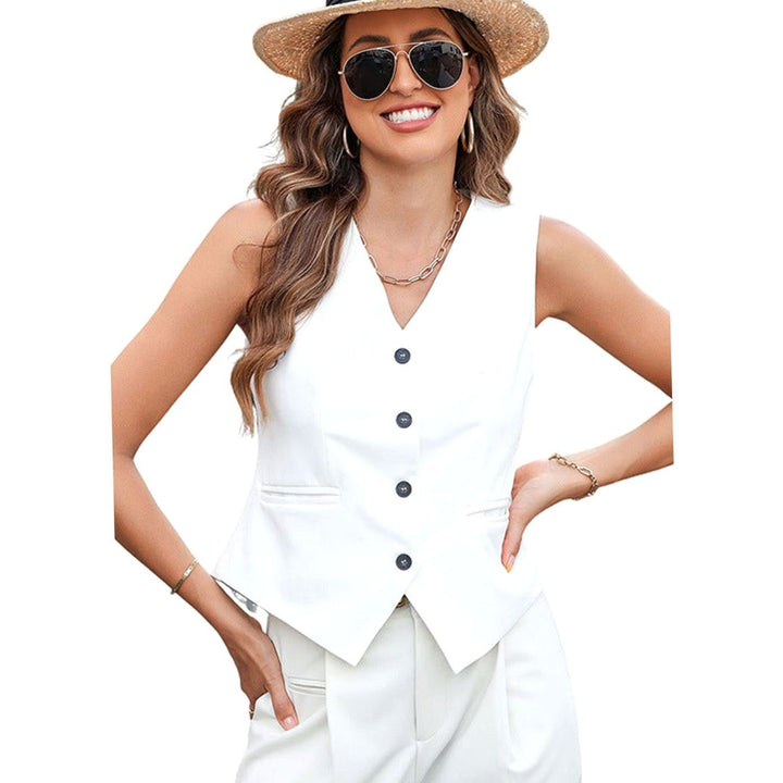 Women's Tailored Sleeveless Button-Front Waistcoat Vest Top - White