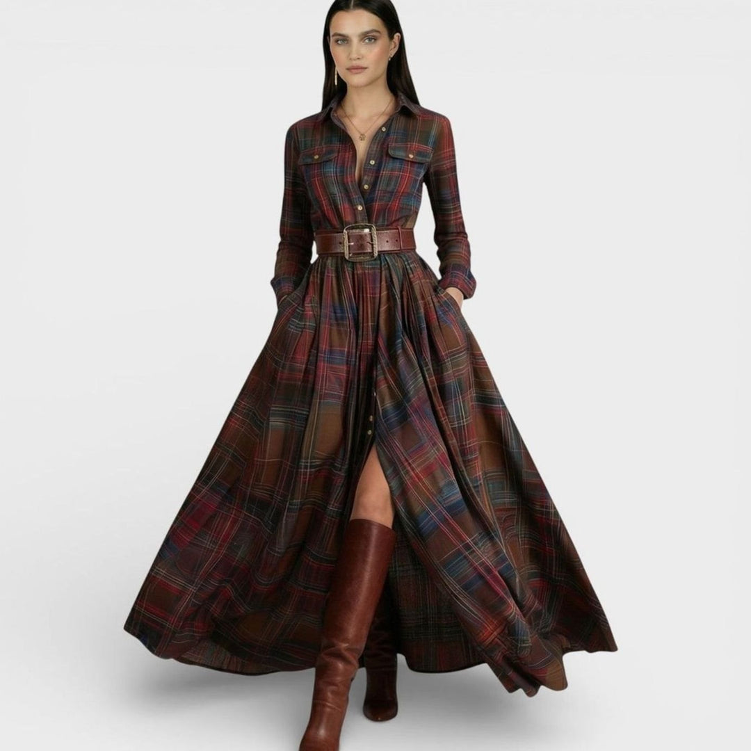 Women's Tartan Belted Long-Sleeve Flared Maxi Shirt Dress