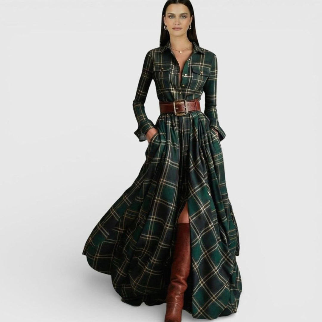 Women's Tartan Belted Long-Sleeve Flared Maxi Shirt Dress