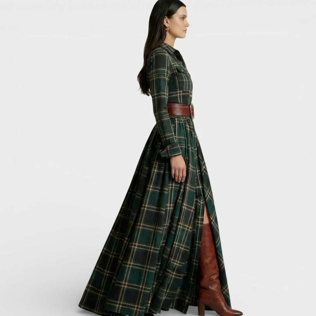 Women's Tartan Belted Long-Sleeve Flared Maxi Shirt Dress