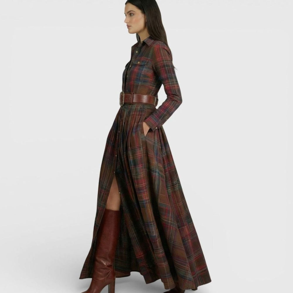 Women's Tartan Belted Long-Sleeve Flared Maxi Shirt Dress