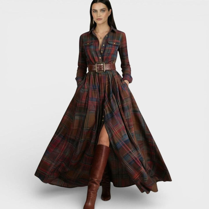 Women's Tartan Belted Long-Sleeve Flared Maxi Shirt Dress, Brown