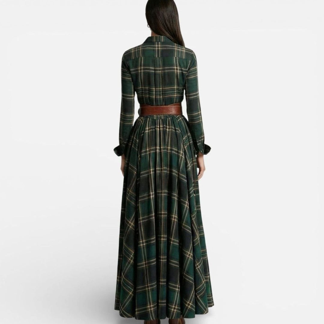 Women's Tartan Belted Long-Sleeve Flared Maxi Shirt Dress, Brown
