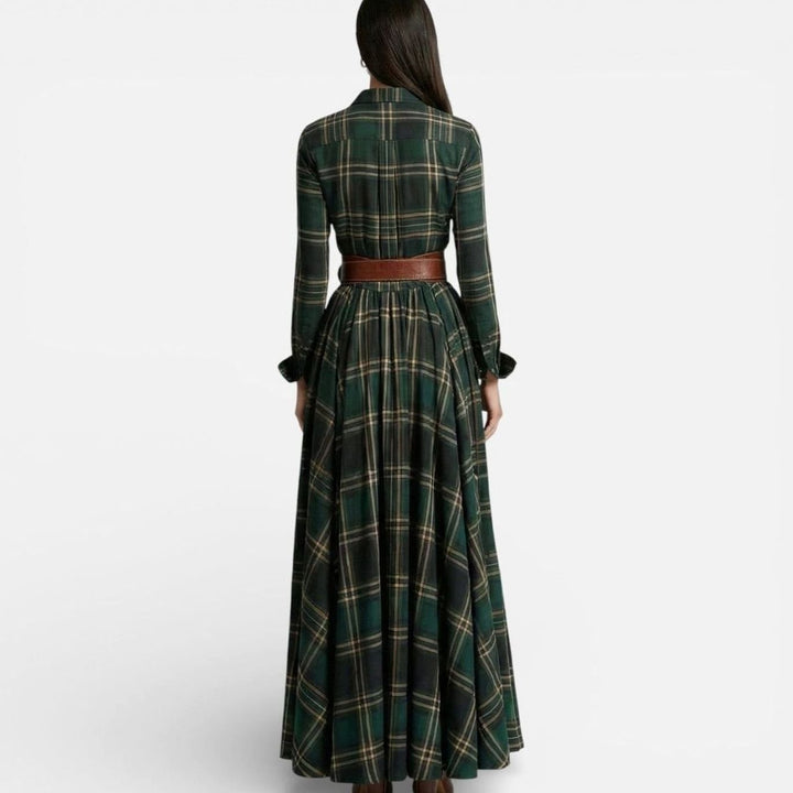 Women's Tartan Belted Long-Sleeve Flared Maxi Shirt Dress, Brown
