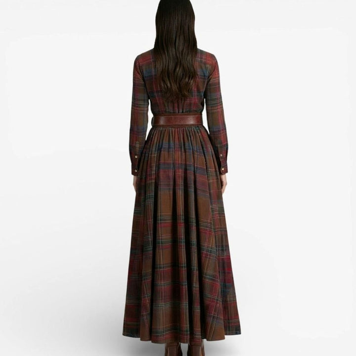 Women's Tartan Belted Long-Sleeve Flared Maxi Shirt Dress, Brown