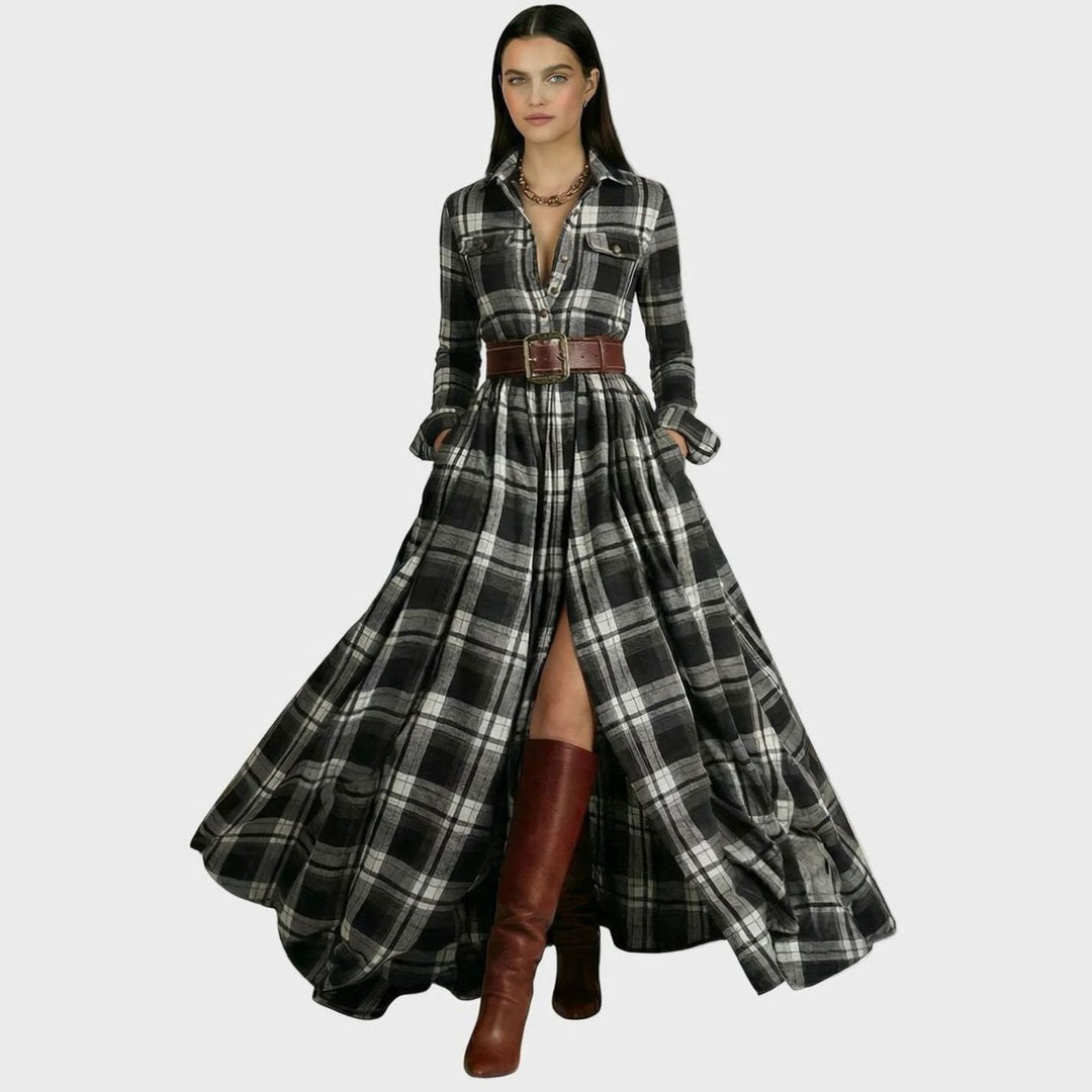 Women's Tartan Belted Long-Sleeve Flared Maxi Shirt Dress, Brown