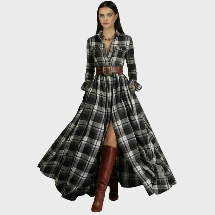 Women's Tartan Belted Long-Sleeve Flared Maxi Shirt Dress, Brown