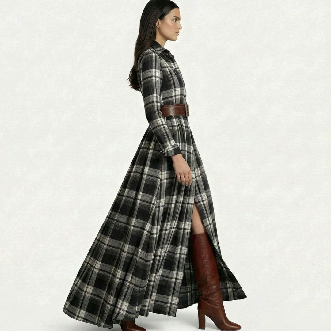 Women's Tartan Belted Long-Sleeve Flared Maxi Shirt Dress, Brown