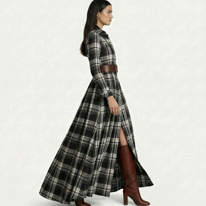 Women's Tartan Belted Long-Sleeve Flared Maxi Shirt Dress, Brown