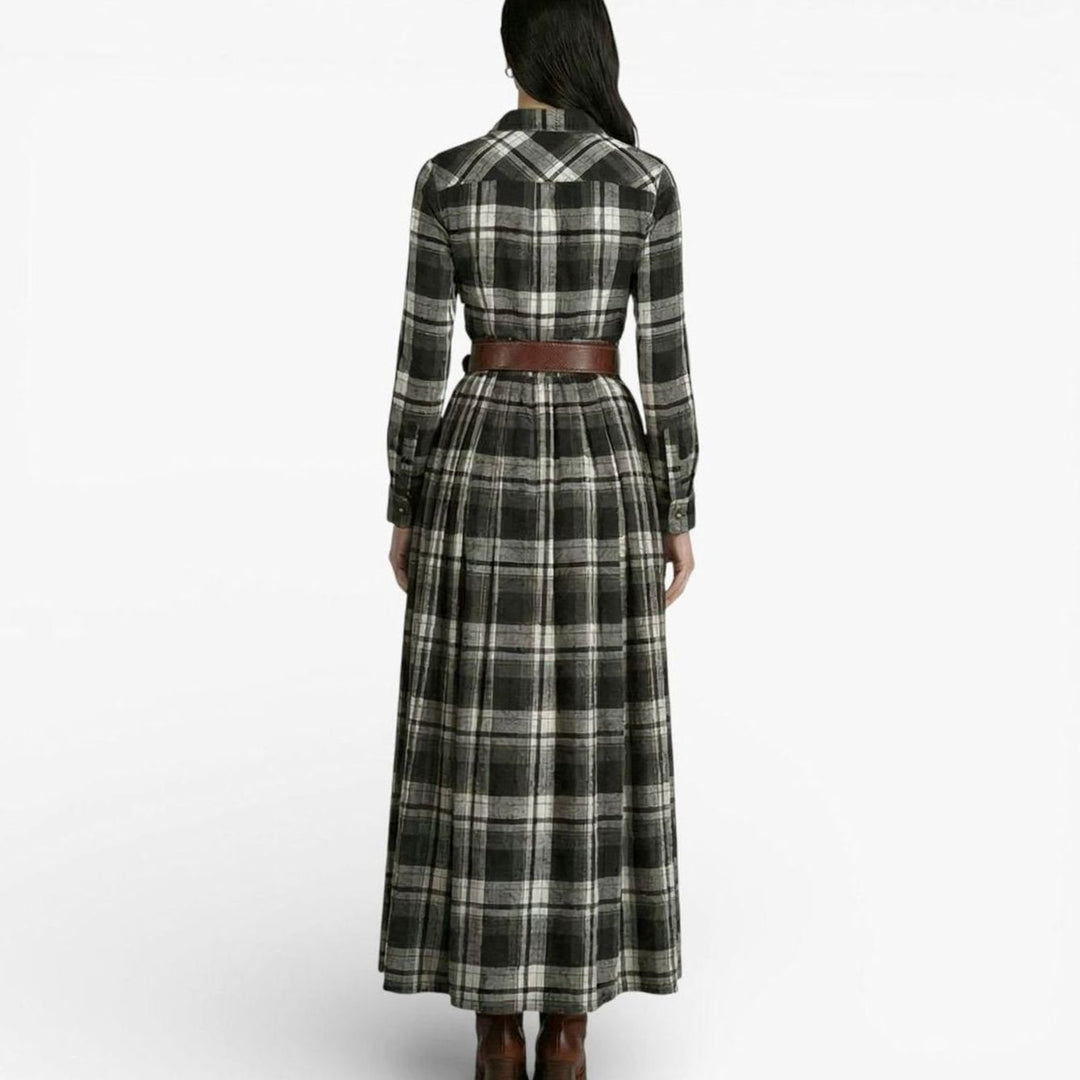 Women's Tartan Belted Long-Sleeve Flared Maxi Shirt Dress, Brown