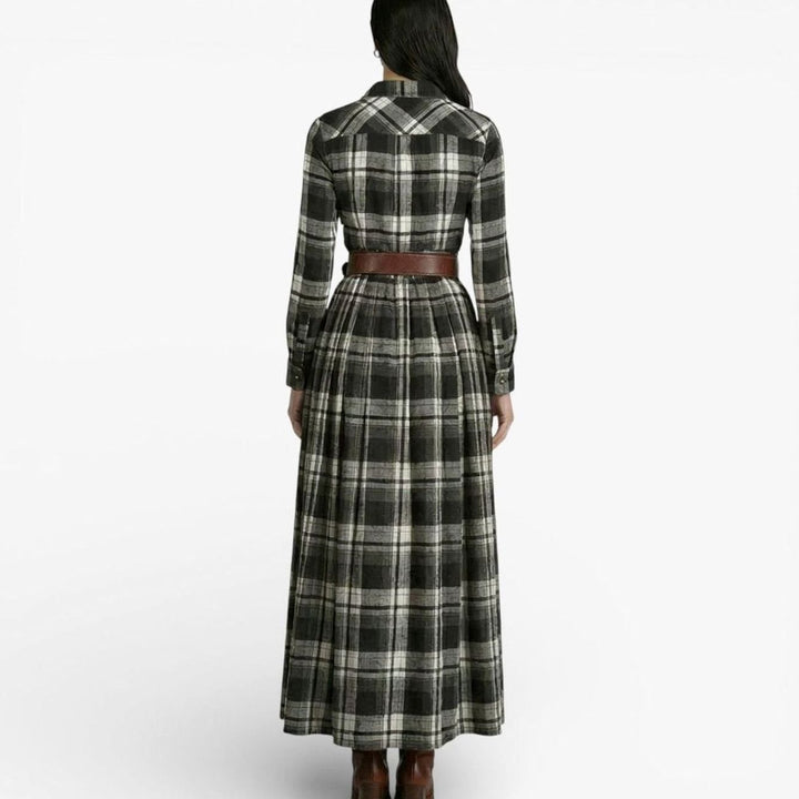 Women's Tartan Belted Long-Sleeve Flared Maxi Shirt Dress, Brown