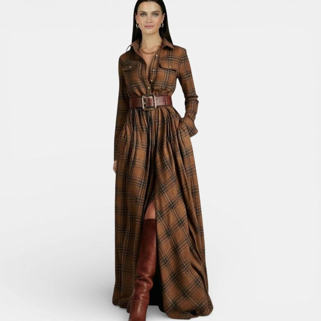 Women's Tartan Belted Long-Sleeve Flared Maxi Shirt Dress, Brown