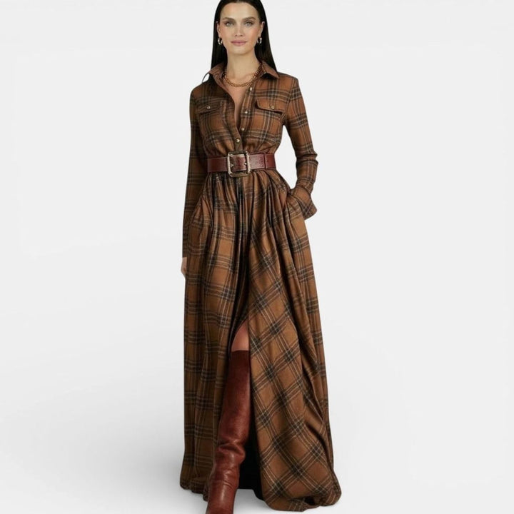 Women's Tartan Belted Long-Sleeve Flared Maxi Shirt Dress, Brown