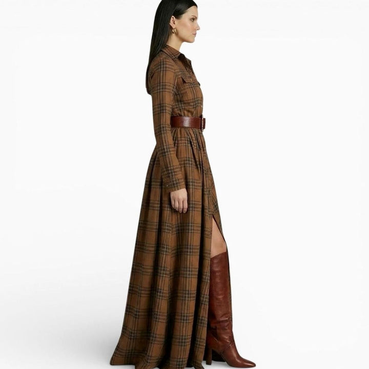 Women's Tartan Belted Long-Sleeve Flared Maxi Shirt Dress, Brown