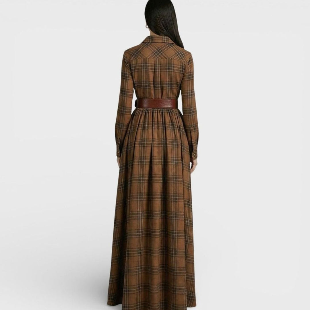 Women's Tartan Belted Long-Sleeve Flared Maxi Shirt Dress, Brown