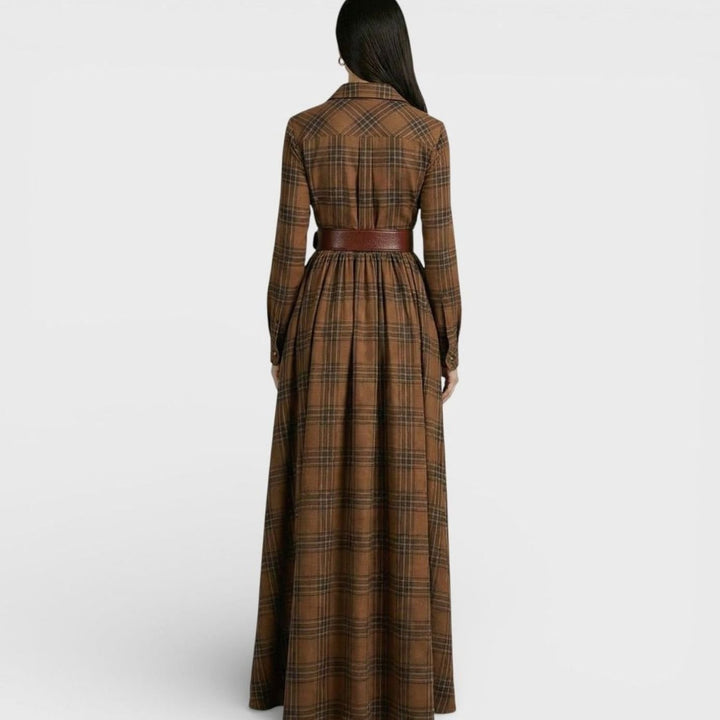Women's Tartan Belted Long-Sleeve Flared Maxi Shirt Dress, Brown