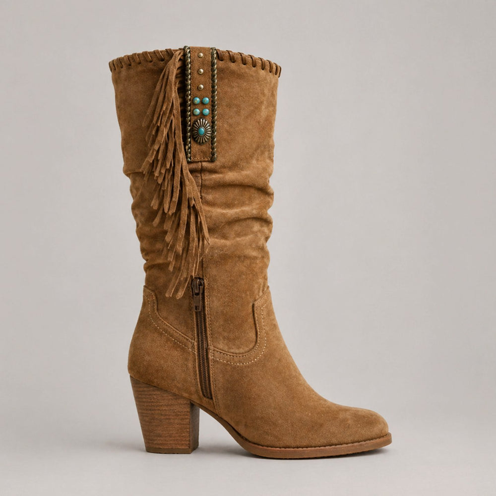 Women's Tassel Cowboy Fringe Mid-Calf Block-Heel Western Boots - Brown