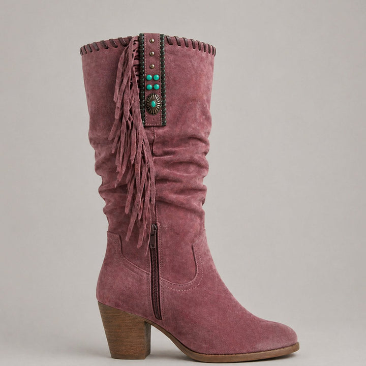 Women's Tassel Cowboy Fringe Mid-Calf Block-Heel Western Boots - Red