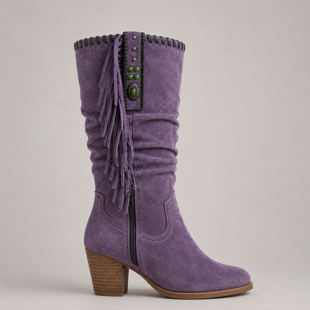 Women's Tassel Cowboy Fringe Mid-Calf Block-Heel Western Boots - Purple