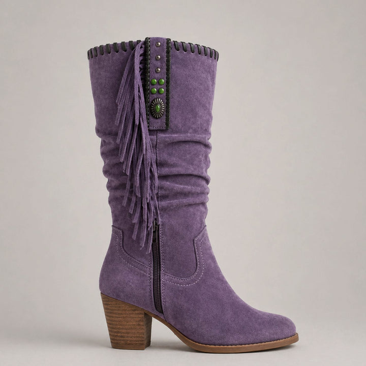 Women's Tassel Cowboy Fringe Mid-Calf Block-Heel Western Boots - Purple