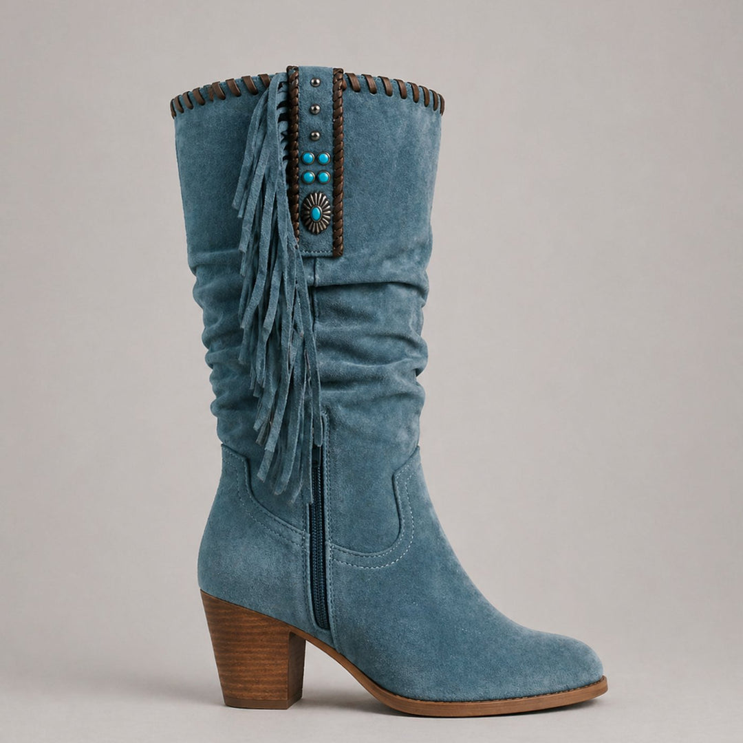 Women's Tassel Cowboy Fringe Mid-Calf Block-Heel Western Boots - Blue
