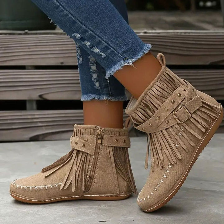 Women's Tassel Fringe Flat Ankle Boots Suede-Look Side Zip - Beige
