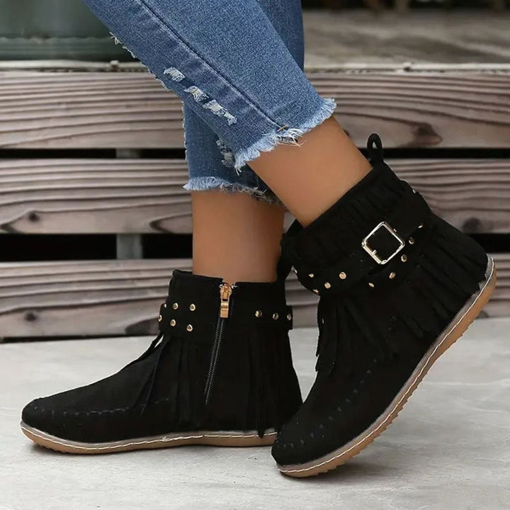 Women's Tassel Fringe Flat Ankle Boots Suede-Look Side Zip - Black